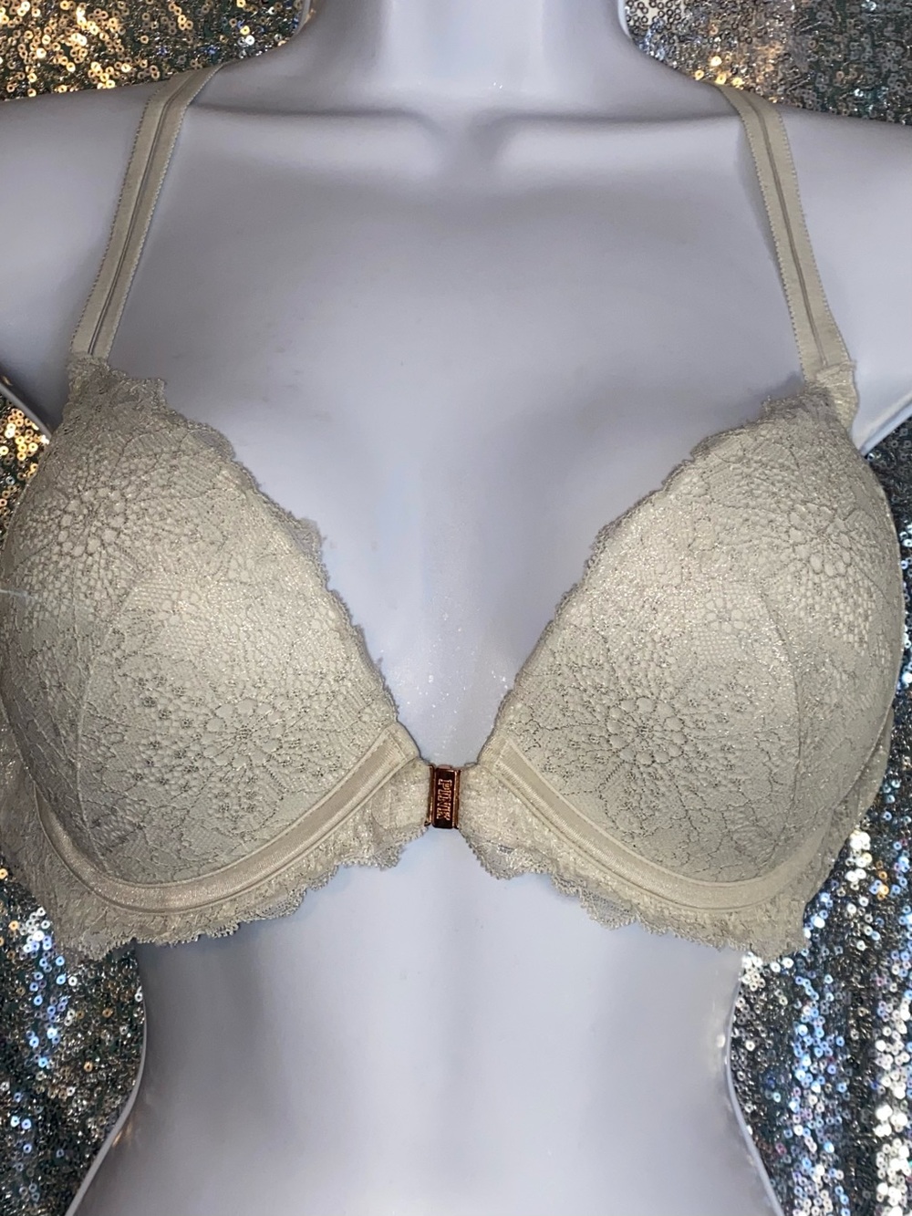✨ PINK Date Push-Up Front Clasp Bra | Ivory Lace + Silver Metallic Glow | 36D ✨